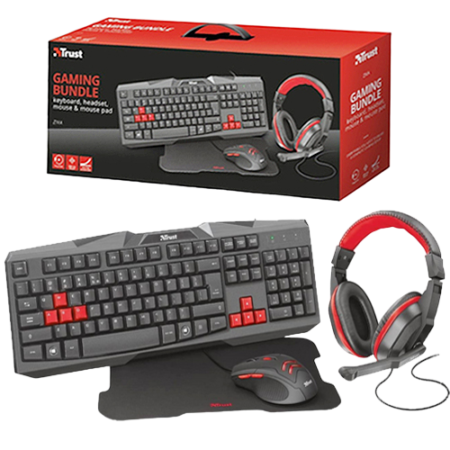 Kit Teclado Y Mouse Trust Ziva Gaming Incluye Audifonos Y Mouse Pad Usb Optico Español Negro Rojo 22313